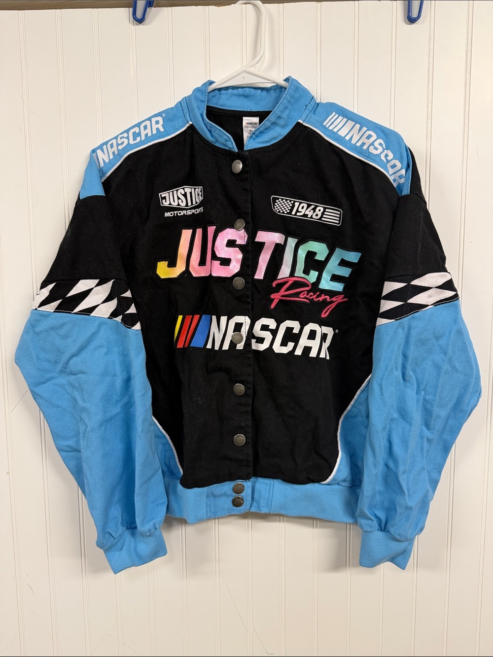 Justice Racing Colorblock Bomber Jacket - Black & Light Blue